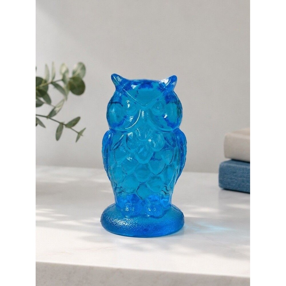 Vintage Mosser Glass Owl Figurine Paperweight Aqua Blue Signed M 4”